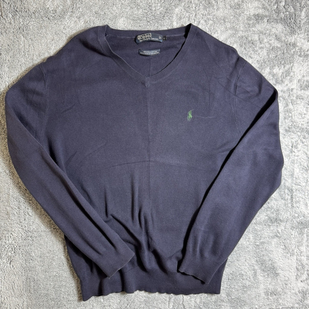Polo Ralph Lauren Sweater Men's Large Navy Blue V Neck 100% Pima Cotton